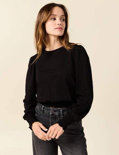 T-shirt manches longues smocké noir femme