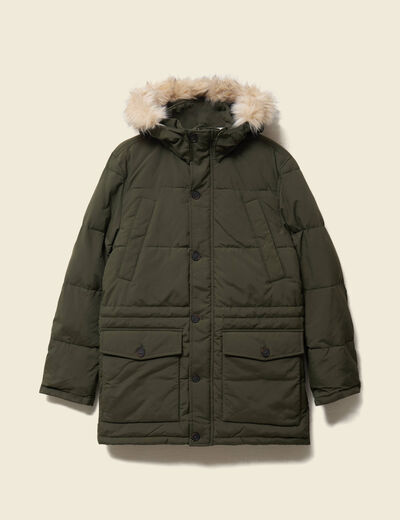 Parka longue droite &agrave; capuche vert kaki homme