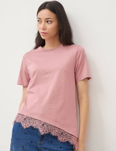 T-shirt droit col rond avec dentelle vieux rose femme