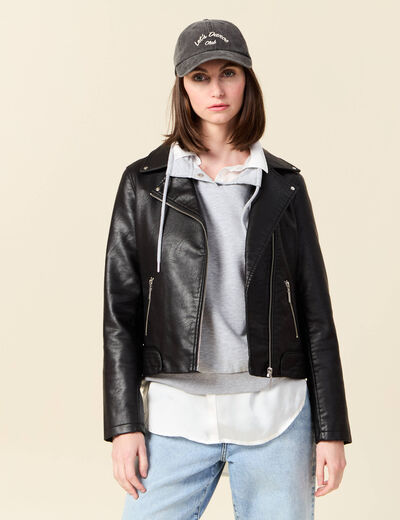 Blouson biker simili cuir noir femme