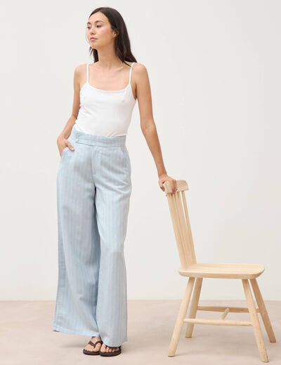Pantalon large taille haute ceinture bleu ciel femme
