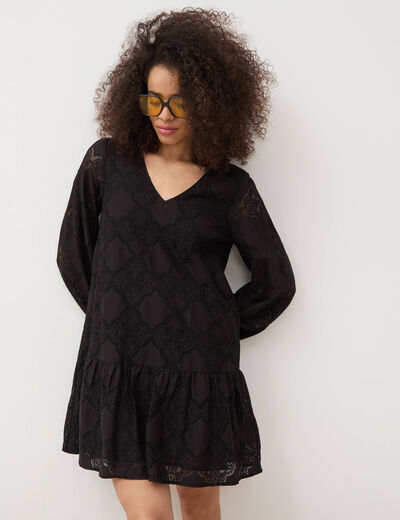 Robe dentelle manches longues doubl&eacute;e noir femme