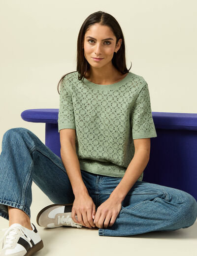 T-shirt ajour&eacute; col rond manches courtes vert kaki femme
