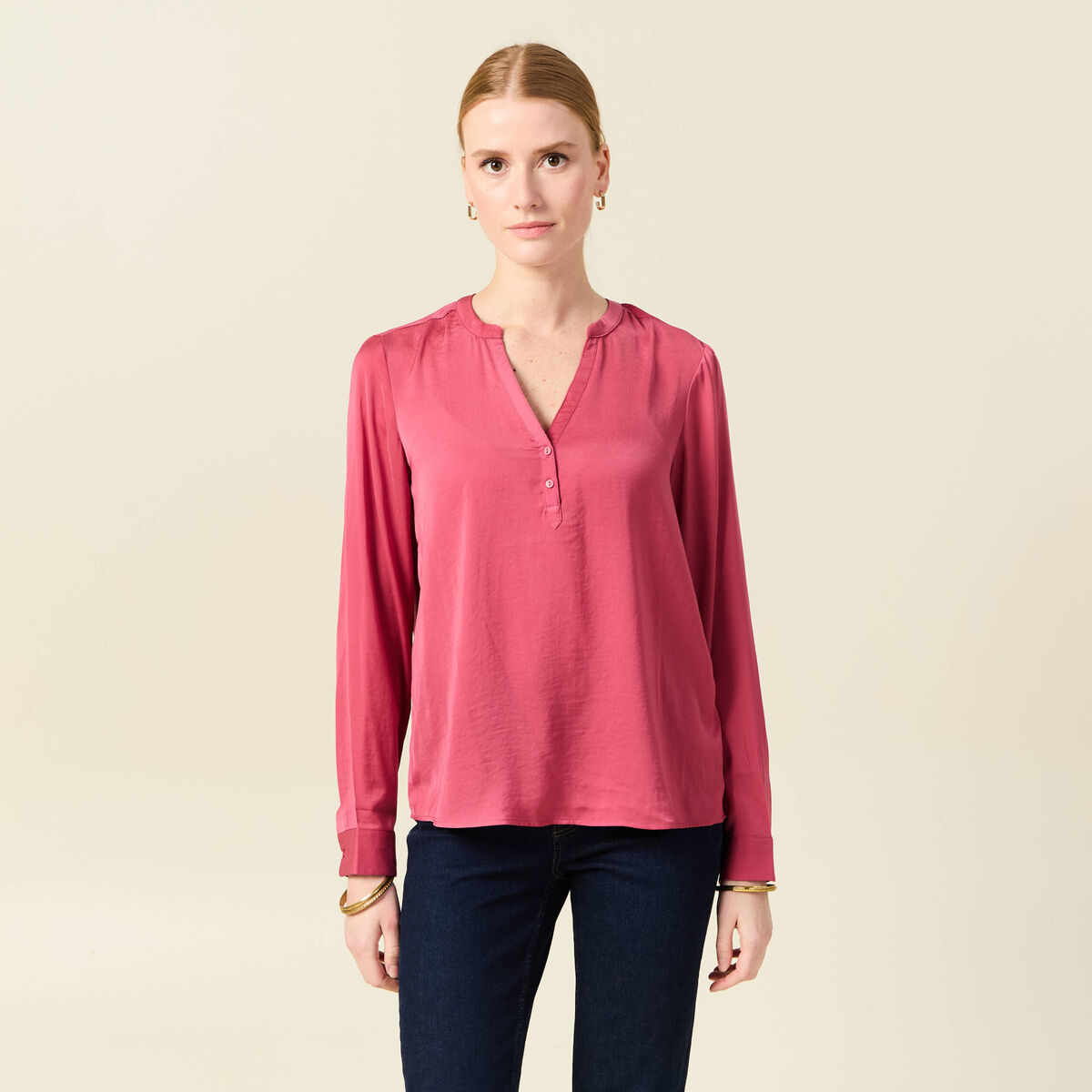 Blouse manches longues satin vieux rose femme