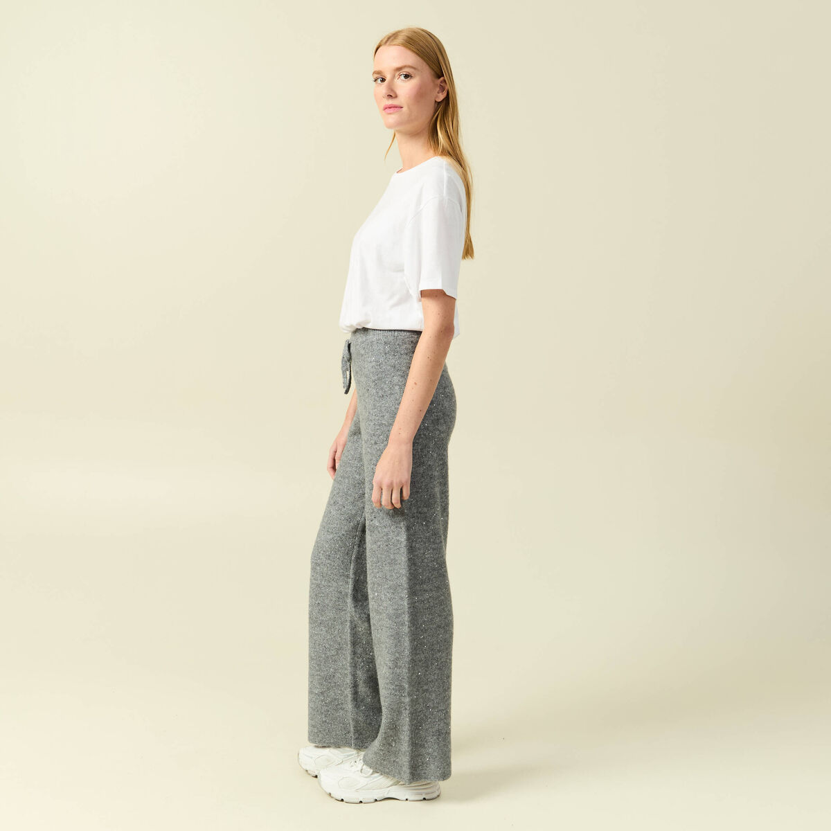 Pantalon large taille haute en maille gris femme