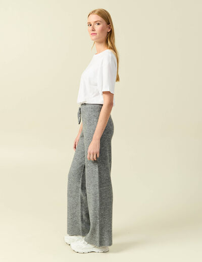 Pantalon large taille haute en maille gris femme