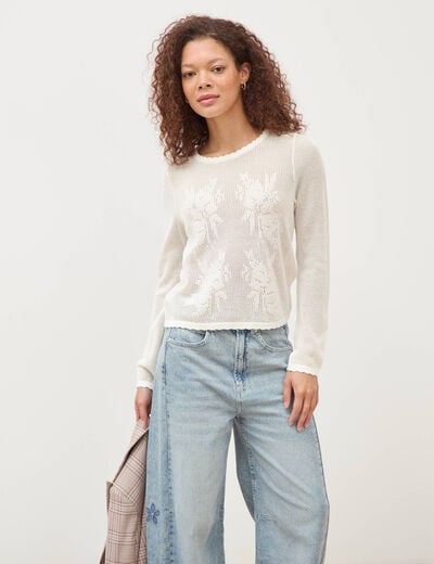 Pull ajour&eacute; col rond manches longues ecru femme