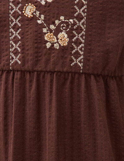 Robe bretelle col carr&eacute; en coton marron fonc&eacute; femme