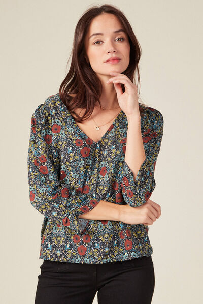 Blouse manches 3/4 dos en V noir femme