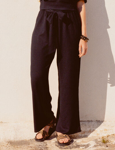 Pantalon large fluide noeud noir femme