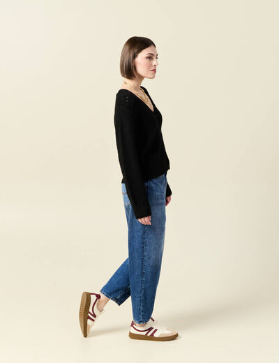 Gilet ajouré col V manches longues noir femme