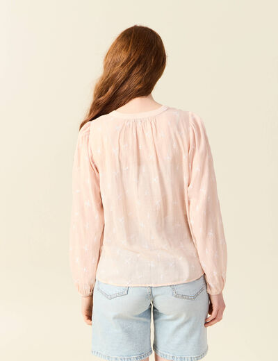Blouse manches longues brodée rose poudrée femme