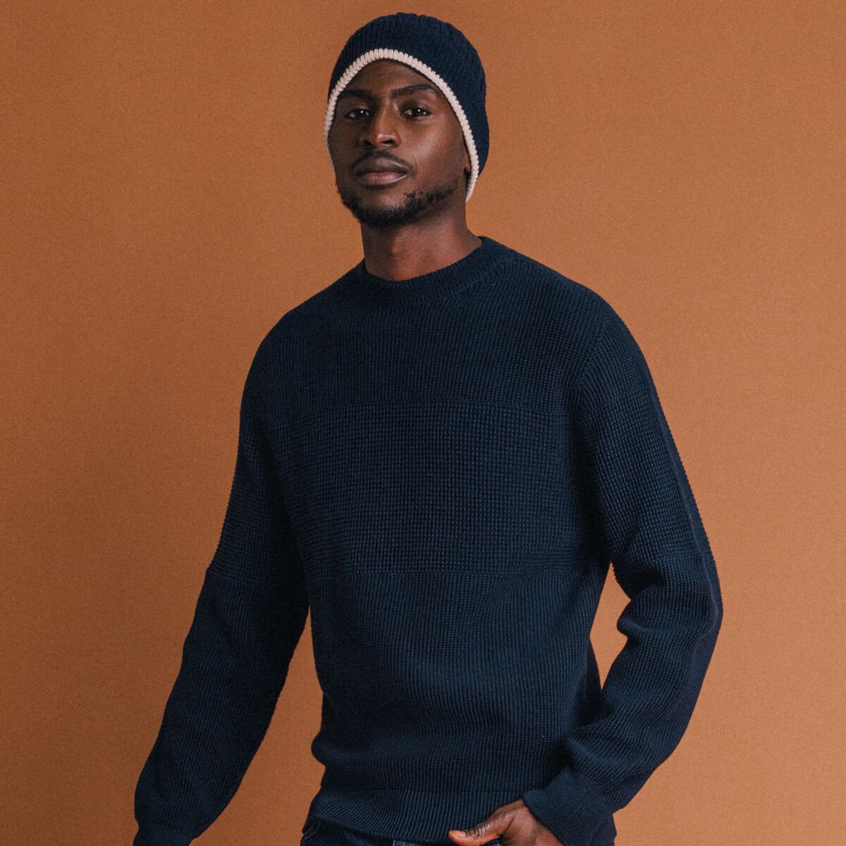 Pull col rond manches longues en coton bleu marine homme