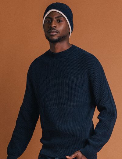 Pull col rond manches longues en coton bleu marine homme