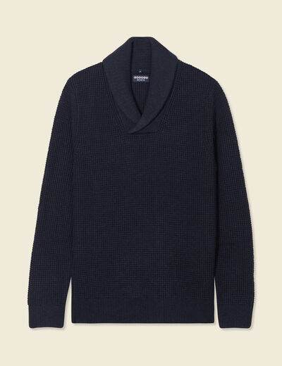Pull manches longues col châle bleu marine homme