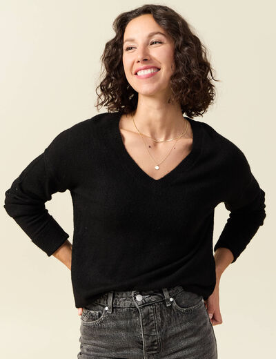 Pull manches longues col en V noir femme