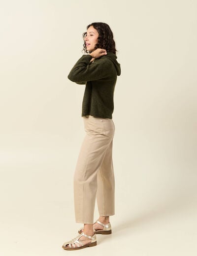 Pull &agrave; capuche zipp&eacute; vert kaki femme
