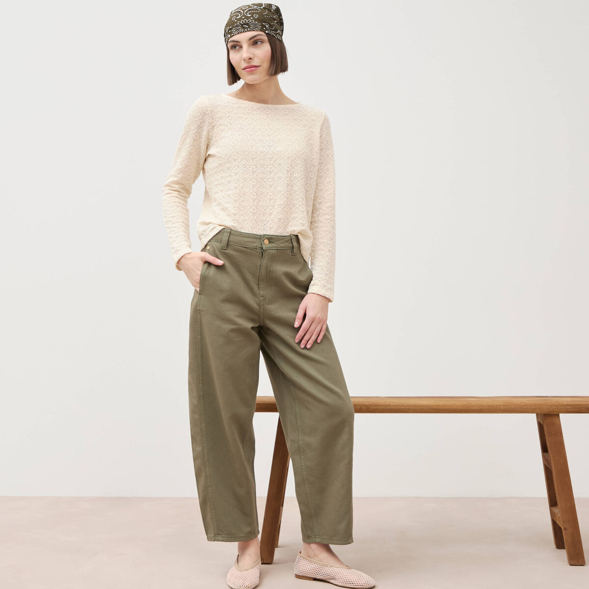Jeans barrel taille haute vert kaki femme