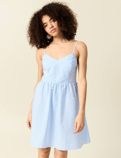 Robe évasée col V sans manches en coton bleu femme