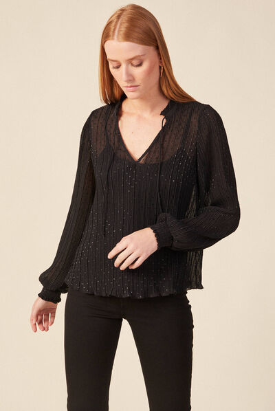 Blouse manches longues plissée noir femme