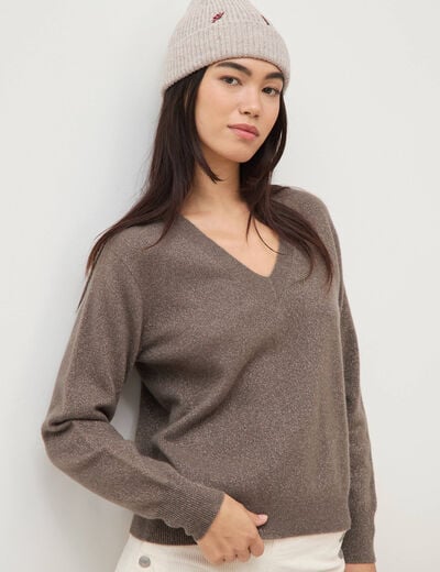 Pull droit col v manches longues taupe femme