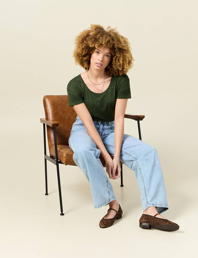 T-shirt manches courtes brillant vert kaki femme