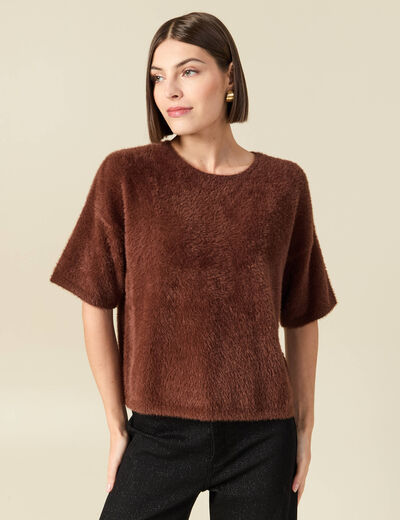Pull droit court manches coude col rond marron femme