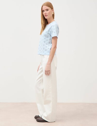 T-shirt droit col rond broderie coton bleu ciel femme