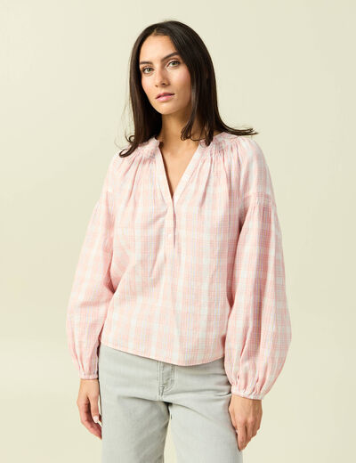 Blouse en coton &agrave; carreaux blanc femme