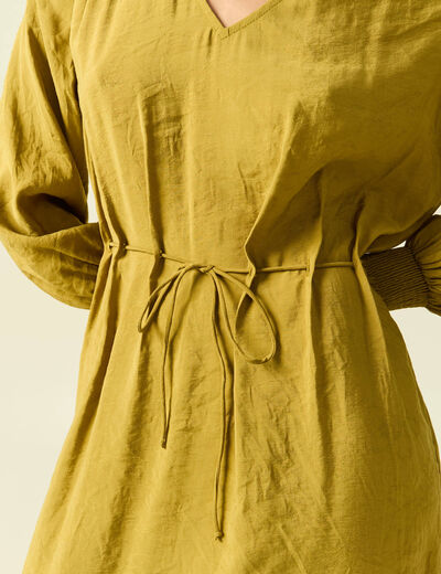 Robe longue droite col v manches longues vert olive femme
