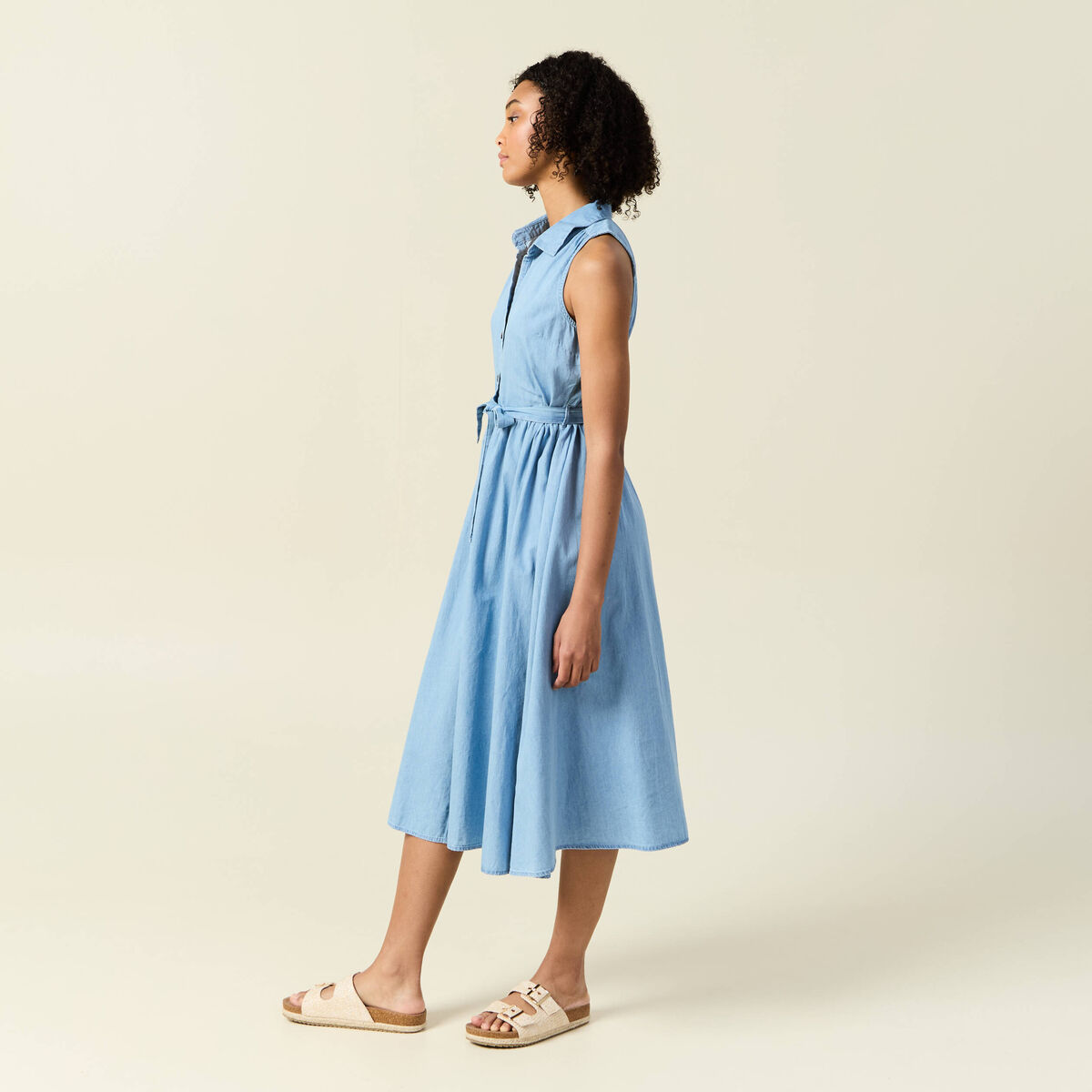 Robe longue trap&egrave;ze jean denim bleach femme