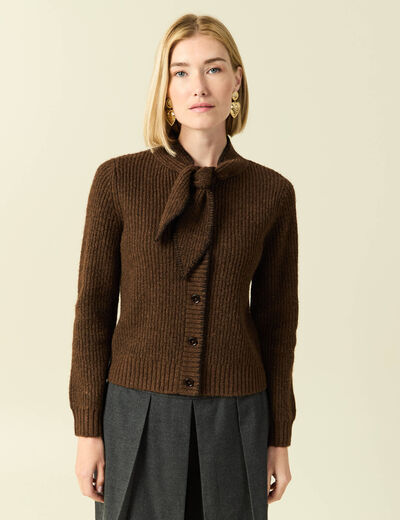 Pull col rond manches longues marron fonc&eacute; femme