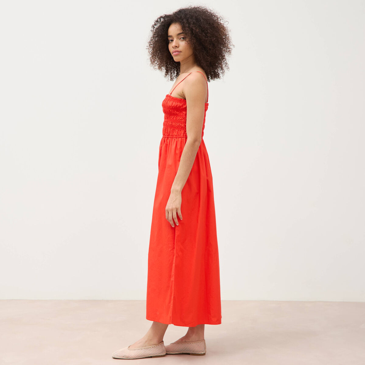 Robe bretelles col carr&eacute; en coton orange fonc&eacute; femme