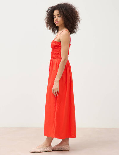 Robe bretelles col carr&eacute; en coton orange fonc&eacute; femme