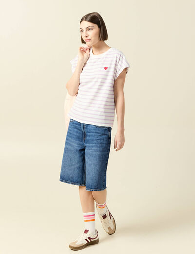 T-shirt ray&eacute; col rond manches courtes creme femme