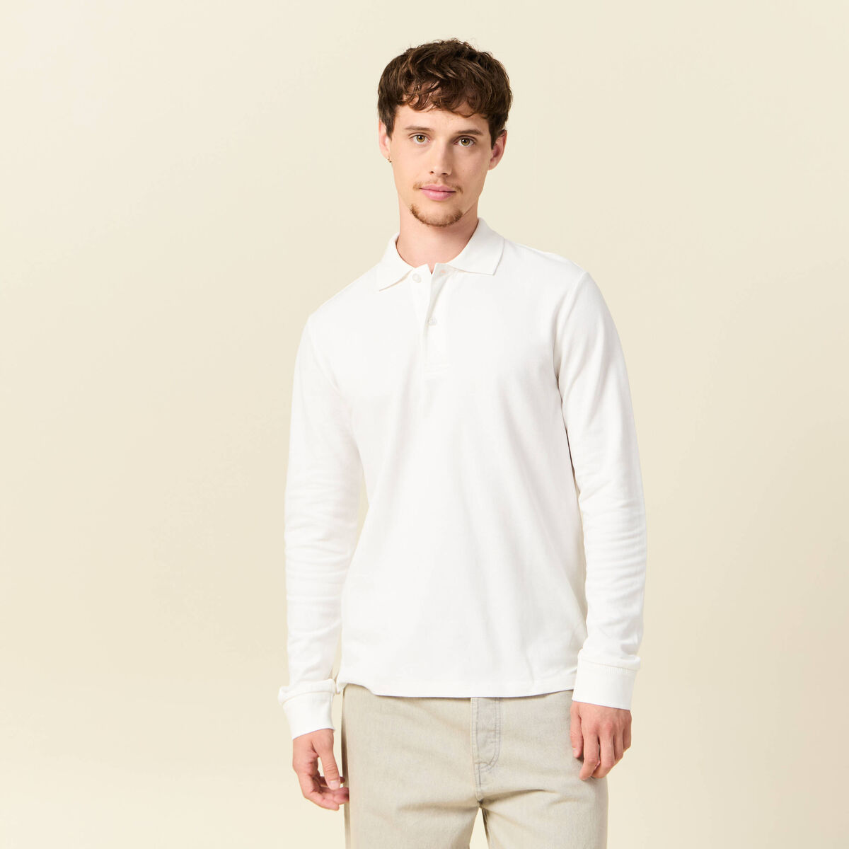 Polo manches longues en coton ecru homme