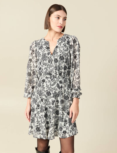 Robe fluide col v manches longues blanc femme