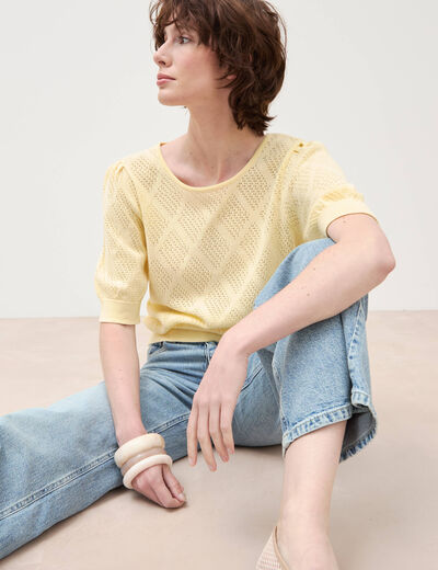 Pull ajour&eacute; droit court manches courtes jaune clair femme