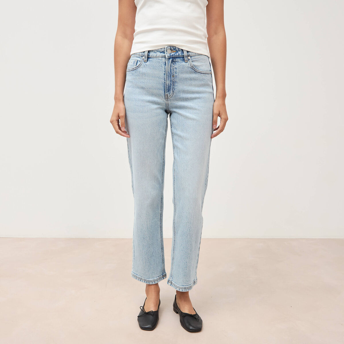 Jeans straight 7/8&egrave;me taille haute denim bleach femme