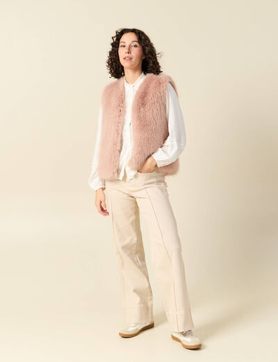 Blouse droite courte d&eacute;tail dentelle creme femme