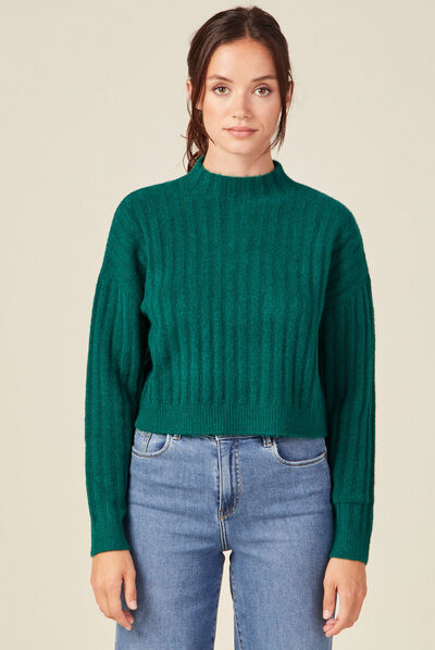 Pull manches longues cropped vert femme