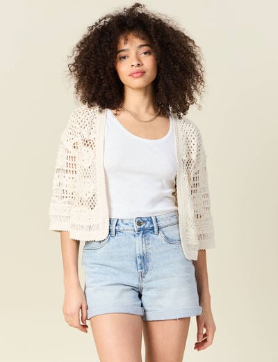 Gilet manches 3/4 ajouré ecru femme