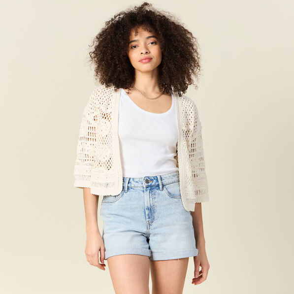 Gilet manches 3/4 ajouré ecru femme