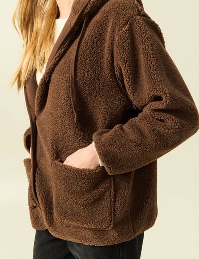 Gilet droit mi-long effet polaire marron fonc&eacute; femme