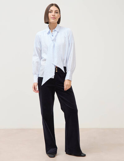 Pantalon flare taille haute en velours bleu fonc&eacute; femme