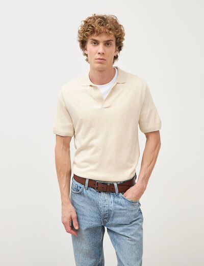 Polo manches courtes col cubain ecru homme