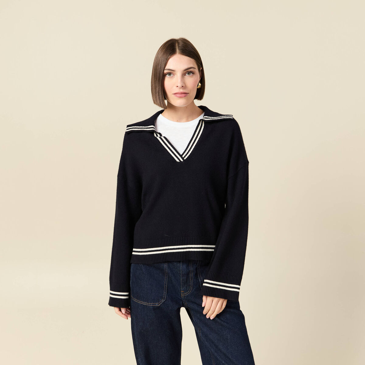 Pull col polo manches longues bleu marine femme