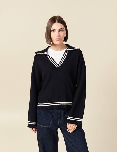 Pull col polo manches longues bleu marine femme
