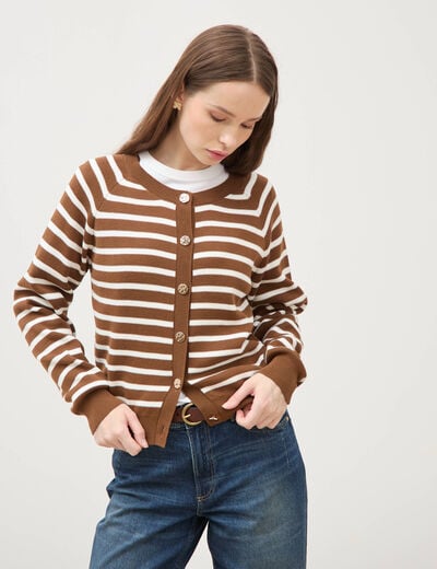Gilet manches longues col rond en coton marron femme