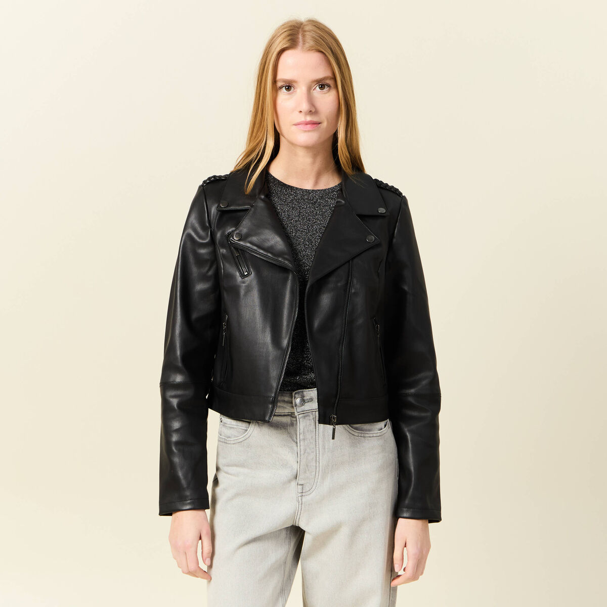 Blouson ajusté simili cuir noir femme